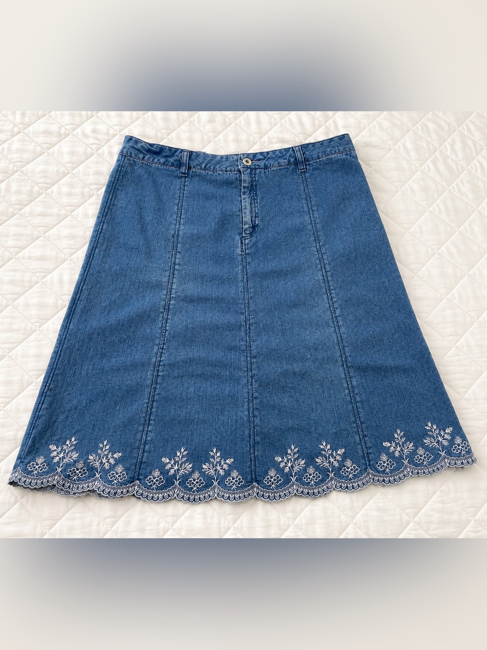 Northern Reflections Blue Denim A-Line Skirt with White Embroidery - Picture 1 of 5